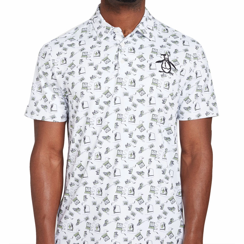 Original Penguin All Over Retro Arcade Polo Shirt - Bright White Comfortable Stretch Relaxed and Easy