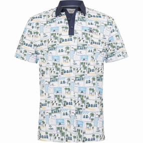 Original Penguin Beach Club Print Polo Shirt - Bright White Moisture Wicking Fabric