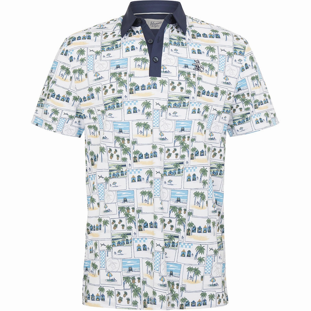 Original Penguin Beach Club Print Polo Shirt - Bright White Moisture Wicking Fabric