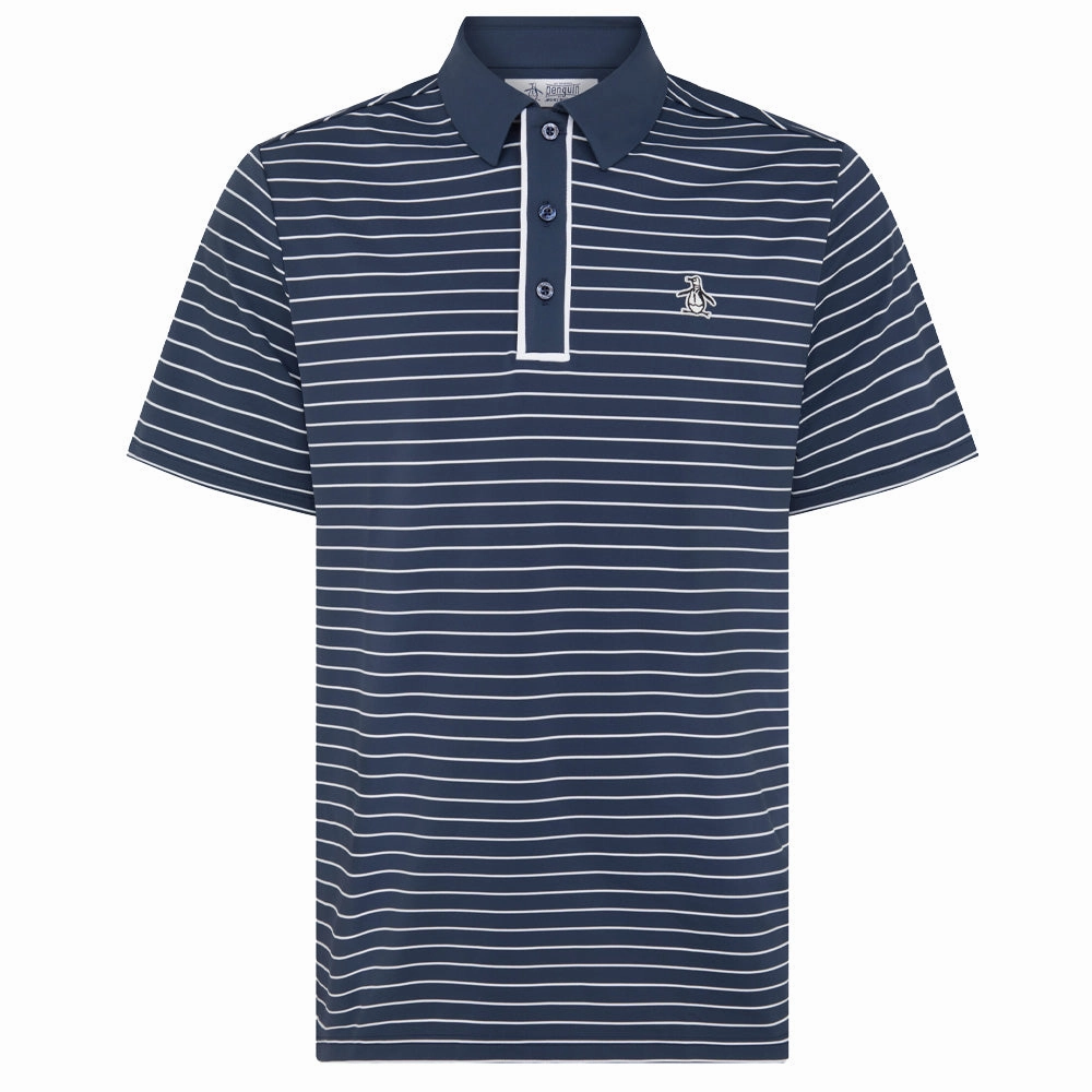 Original Penguin Heritage Stripe Polo Shirt - Black Iris Stone Wash Process Functional Side Gussets