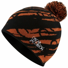 Oscar Jacobson Memphis Knitted Bobble Hat - Black/Orange Rust Soft Texture Weekend Casual
