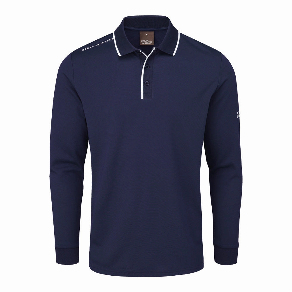Stretchable Collar Band Flexible Cuff Design Oscar Jacobson Sheldon Long Sleeve Polo Shirt - Navy