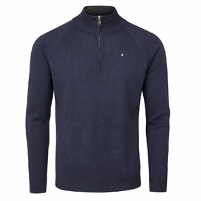 Oscar Jacobson Warwick Pin Zip Neck Merino Sweater - Navy Weekend Ready anniversary wear