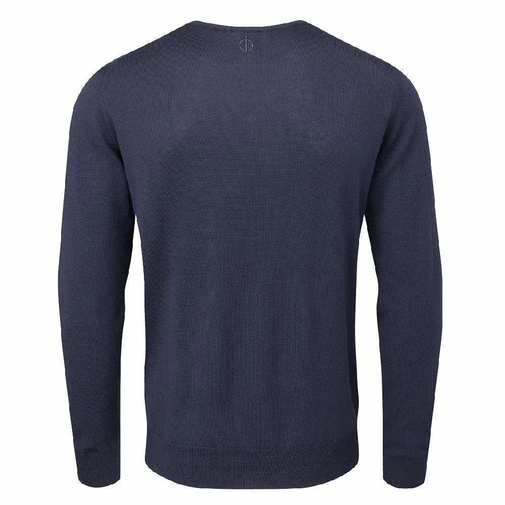 Oscar Jacobson Weston Pin V-Neck Merino Sweater - Navy Ribbed Hem