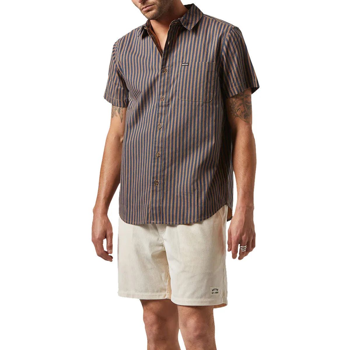 Brixton Charter Print Shirt - Washed Blue/Sunnaked  Stripe Ombre look