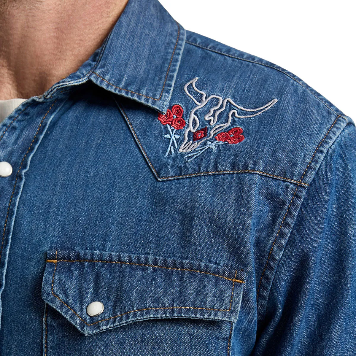 Lightweight Material Pendleton Gambler Denim Long Sleeve Shirt - Denim/Bison Rose