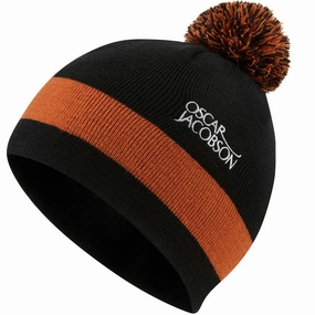 Sleek Fit Oscar Jacobson Murray Knitted Bobble Hat - Black/Orange Rust