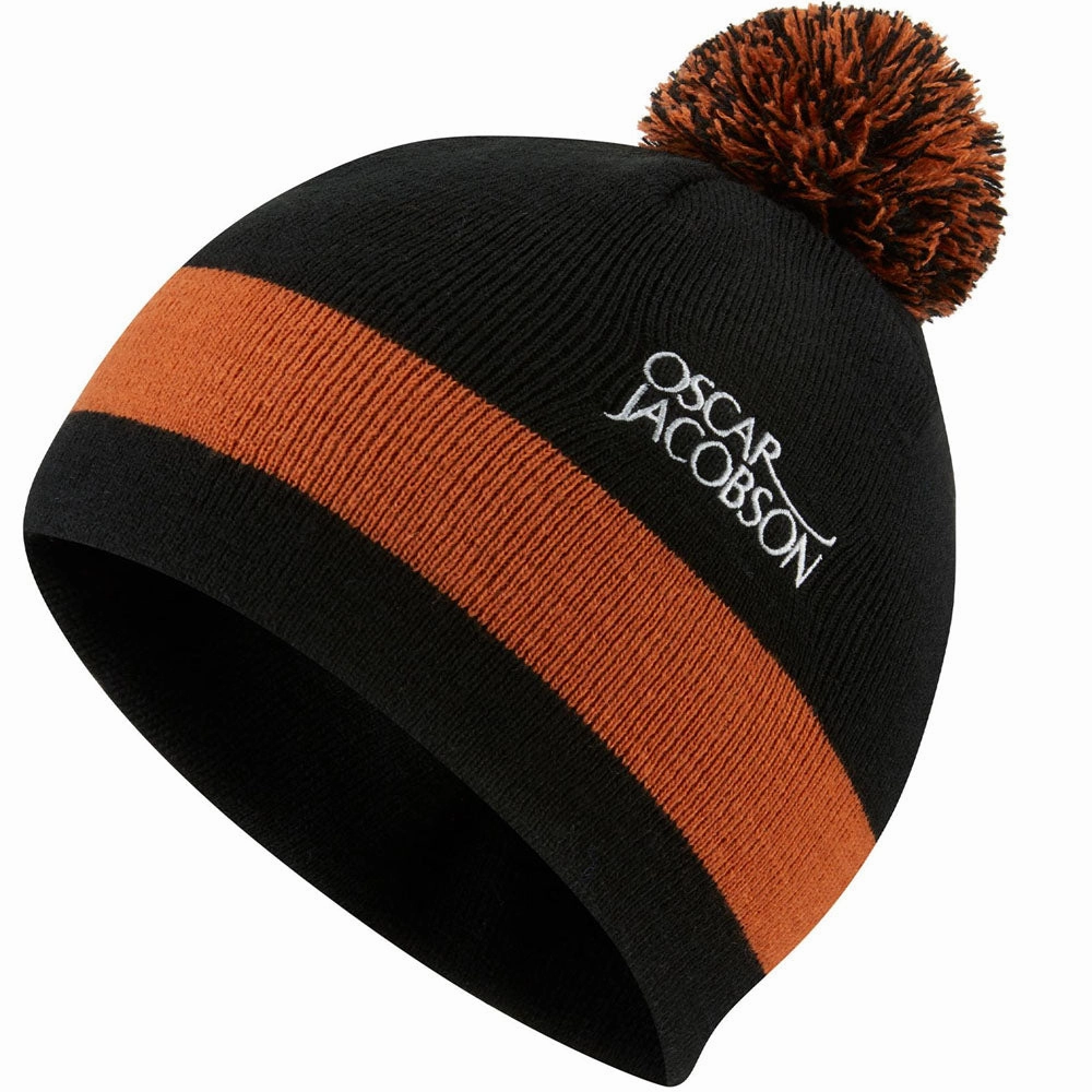 Sleek Fit Oscar Jacobson Murray Knitted Bobble Hat - Black/Orange Rust