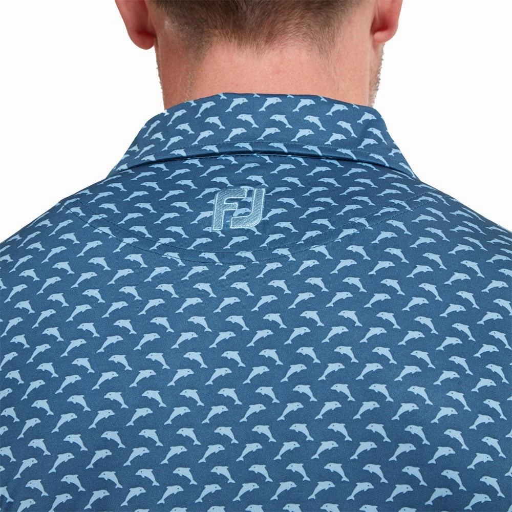 Anti Pilling Fabric Perfect Fit FootJoy Dolphins Print Lisle Polo Shirt - Ink/Dusk Blue