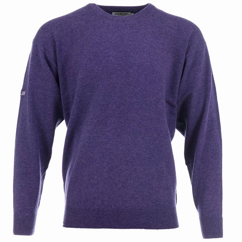 ProQuip Lambswool Water Repellent Crew Neck Golf Sweater - Purple Checkered product warranty