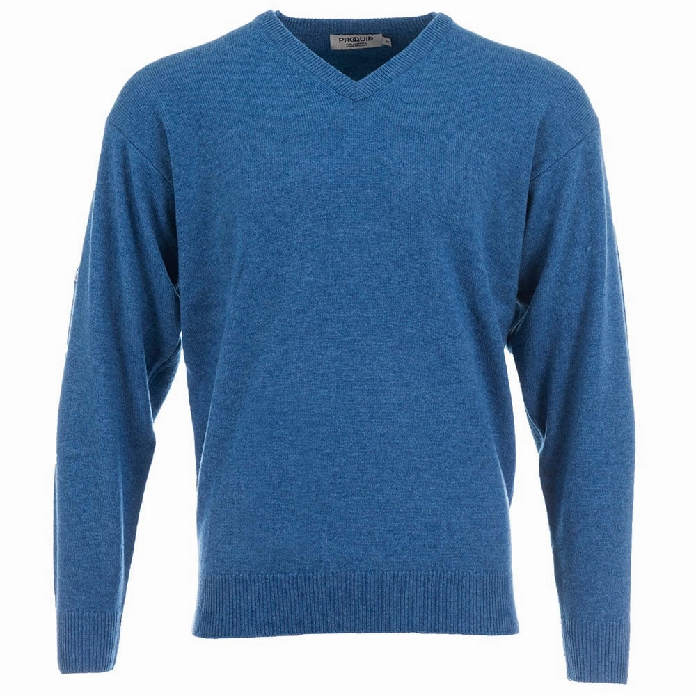 Leather Outdoor Essential ProQuip Lambswool Water Repellent V Neck Golf Sweater - Mariner Blue