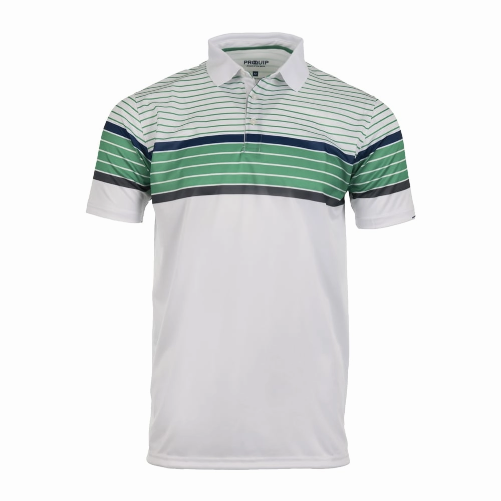 ProQuip Technical Chest Stripe Golf Polo Shirt - White/Green Tagless Design Chic And Comfortable