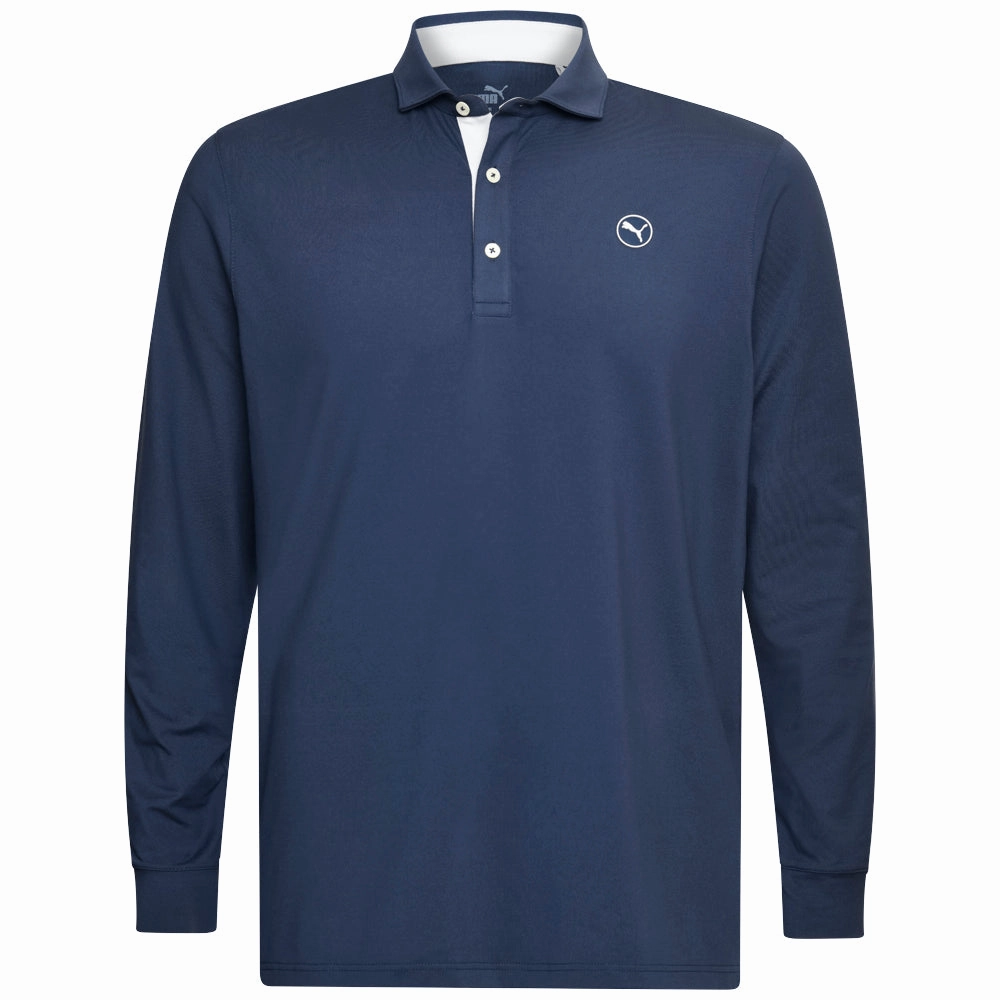 Puma Cloudspun Longsleeve Midweight Polo Shirt - Deep Navy/Ash Gray High Density Cotton Comfort Wearable