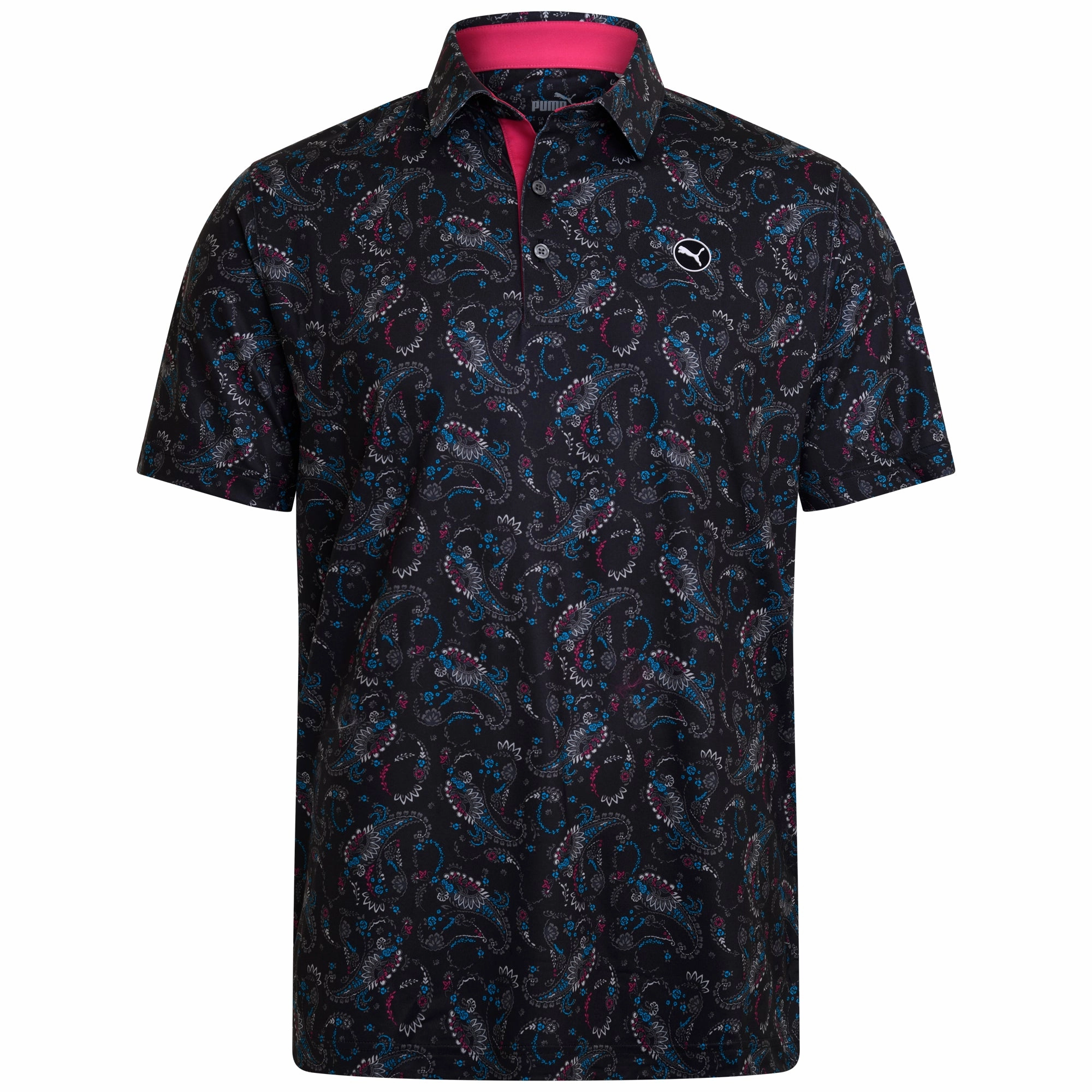 WrinkleResistant Puma Cloudspun Paisley Polo Shirt - Black/Aqua Blue