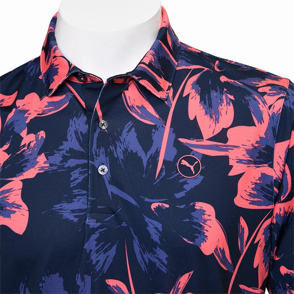 Taped Neckline Puma MATTR Broken Flower Polo Shirt - Deep Navy/Peach Frost