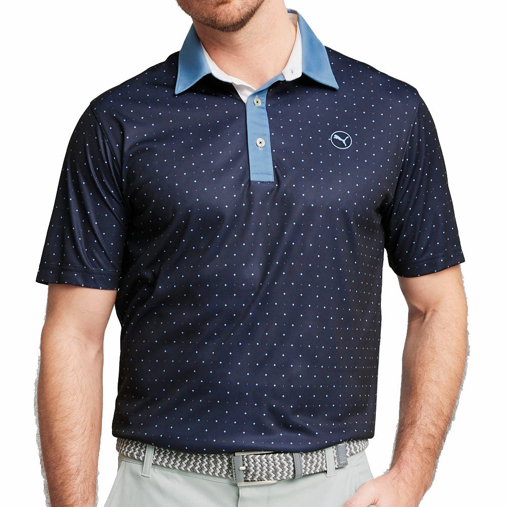 Reinforced Shoulder Seams LowImpactDye Puma Pure Geo Polo Shirt - Deep Navy/Zen Blue
