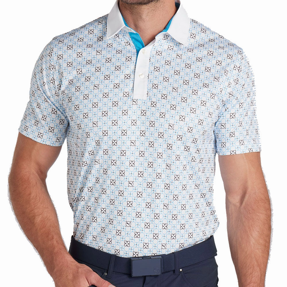 Puma Pure Monogram Polo Shirt - White Glow/Aqua Blue Camping attire Colorfast Dye