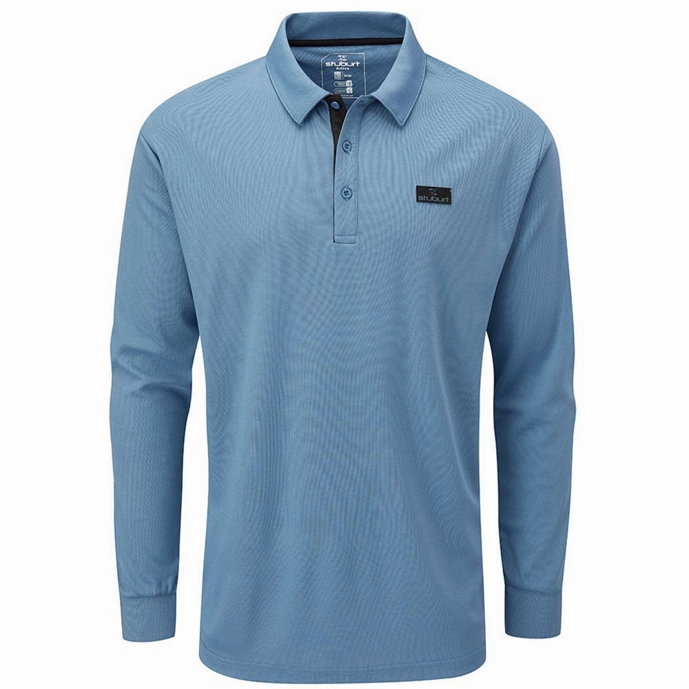 Stuburt Active Long Sleeve Polo Shirt - Denim Blue Ribbed Neckline