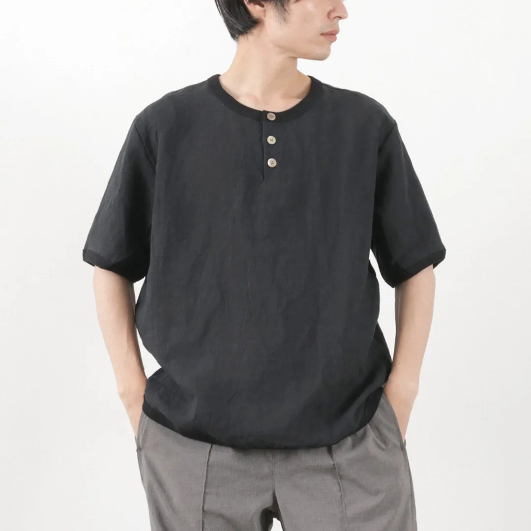 RE MADE IN TOKYO JAPAN / French Linen Henley Neck T-Shirt Universal Silhouette Vibrant Prints