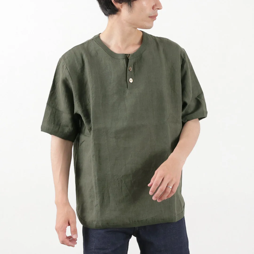 Smart Fashion Flattering Shape RE MADE IN TOKYO JAPAN / French Linen Henley Neck T-Shirt