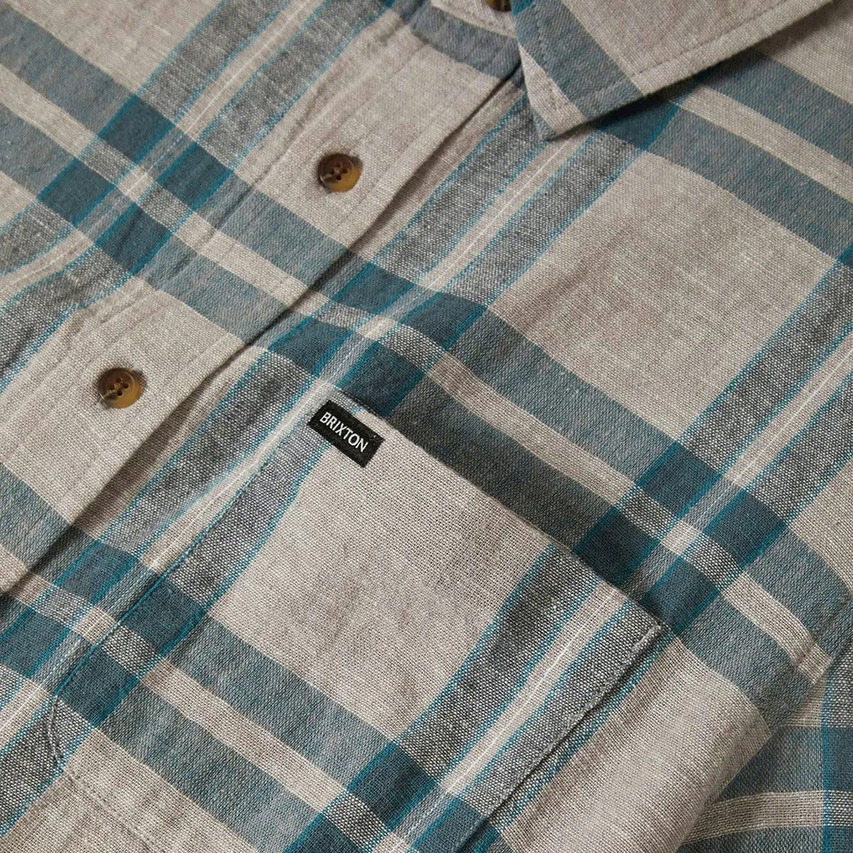 slim cut Anti Static Treatment Brixton Charter Linen Blend Shirt - Beige/Azure Blue Plaid