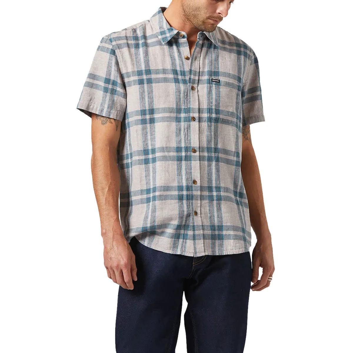 Premium Feel Brixton Charter Linen Blend Shirt - Beige/Azure Blue Plaid