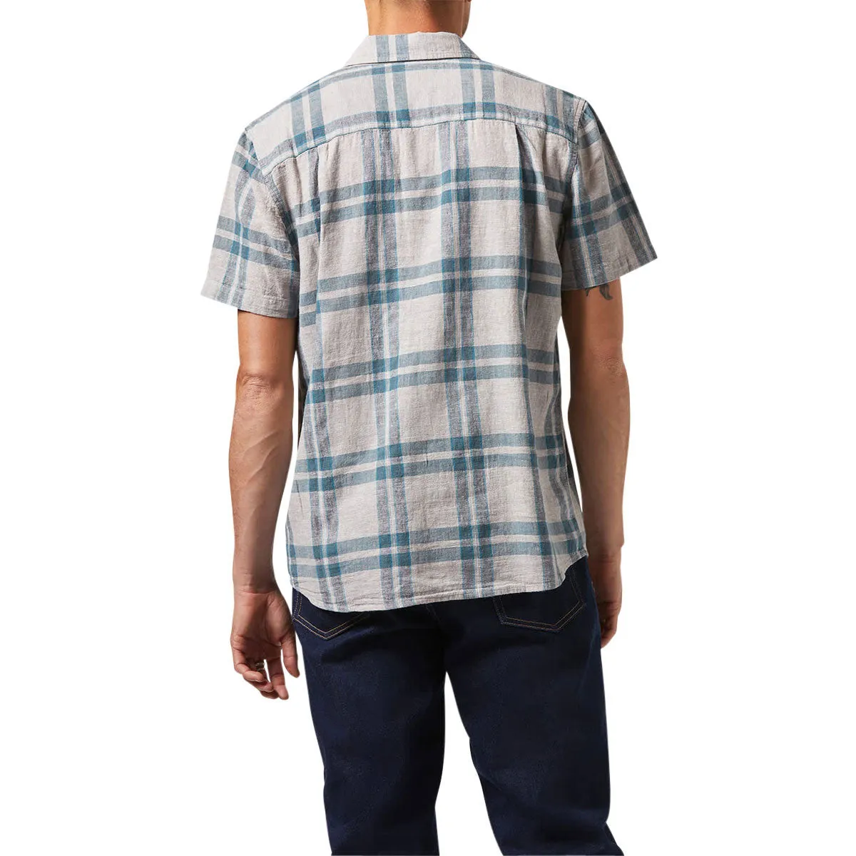 Brixton Charter Linen Blend Shirt - Beige/Azure Blue Plaid Wrinkle Resistant Stylish Appearance