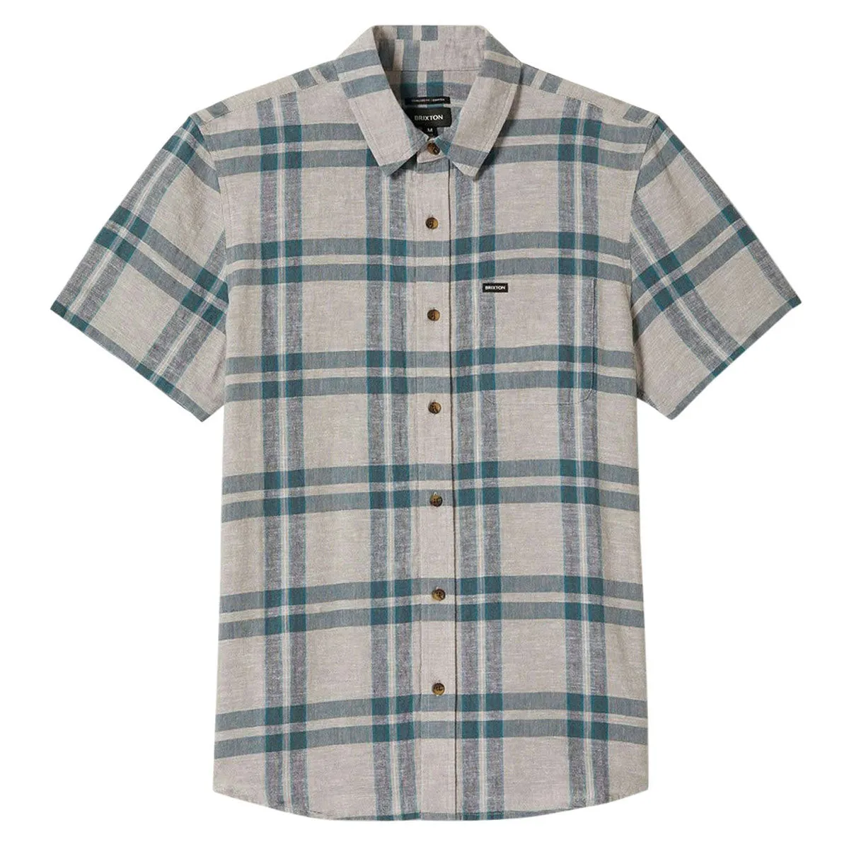Brixton Charter Linen Blend Shirt - Beige/Azure Blue Plaid No Chafe Edging Smooth Zipper Design