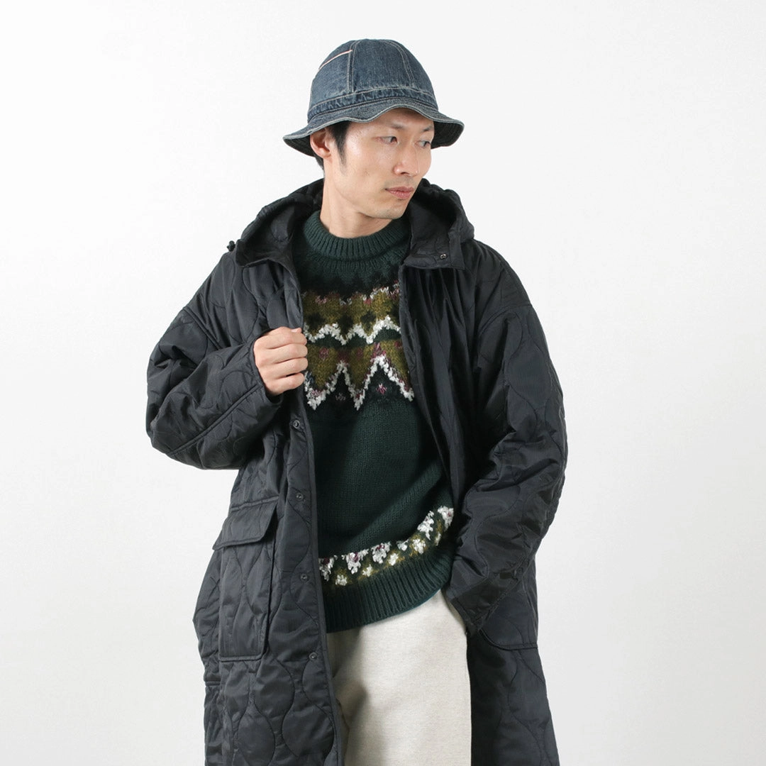 Stretch Comfort Design Belted Style REMI RELIEF / Nylon Rip Gourd Quilted Coat Hoodie