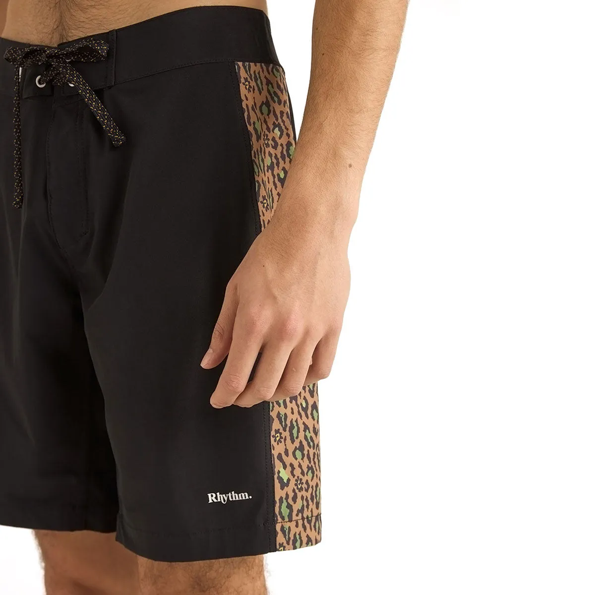 Plaid detail Double Needle Stitching Rhythm Leo Panel Boardshorts - Black