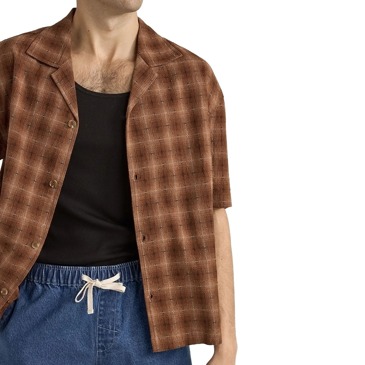 Flexible Knit Neutral Tone Rhythm Relaxed Shadow Check Shirt - Rust