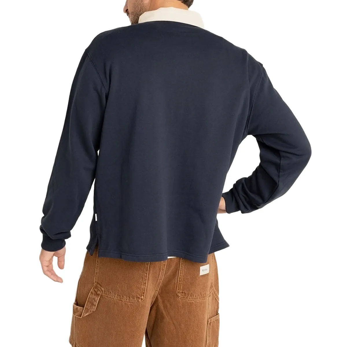 Floral Motif Rhythm Vintage Rugby Long Sleeve Polo Shirt - Indigo