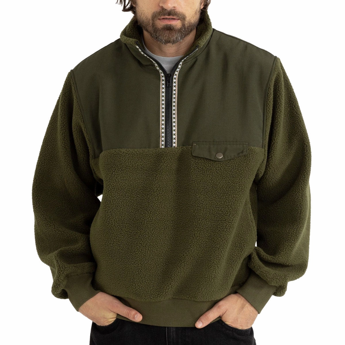 Rhythm Pfeiffer Sherpa Fleece Sweatshirt - Olive Peacock like thermal fabric