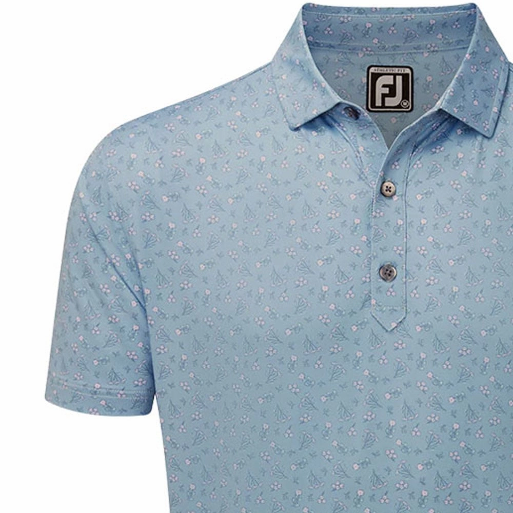 FootJoy Mini Floral Lisle Polo Shirt - Denim/Dusty Purple/Azure ThermoregulatingFabric Lint Resistant Surface