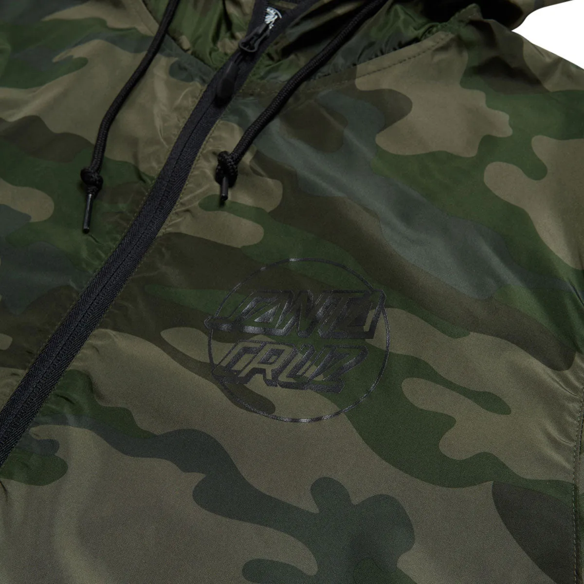Santa Cruz Opus Dot Chest Hooded Windbreaker Jacket - Forest Camo Compact Travel Friendly Modular Layering Compatibility