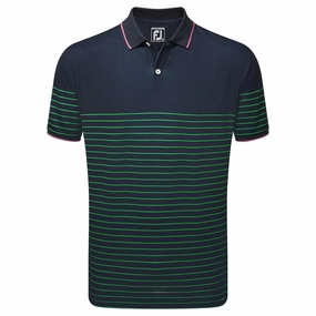 Short Sleeve FootJoy Breton Stripe Pique Polo Shirt - Navy/Sea Green/Watermelon