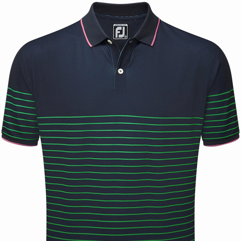 Versatile and Comfortable Casual Essential FootJoy Breton Stripe Pique Polo Shirt - Navy/Sea Green/Watermelon