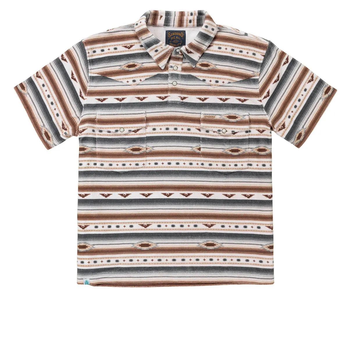 Sendero Cantina Terry Polo Shirt - Gray/Tan Southwest Embroidered Detail Tear Resistant Reinforcement