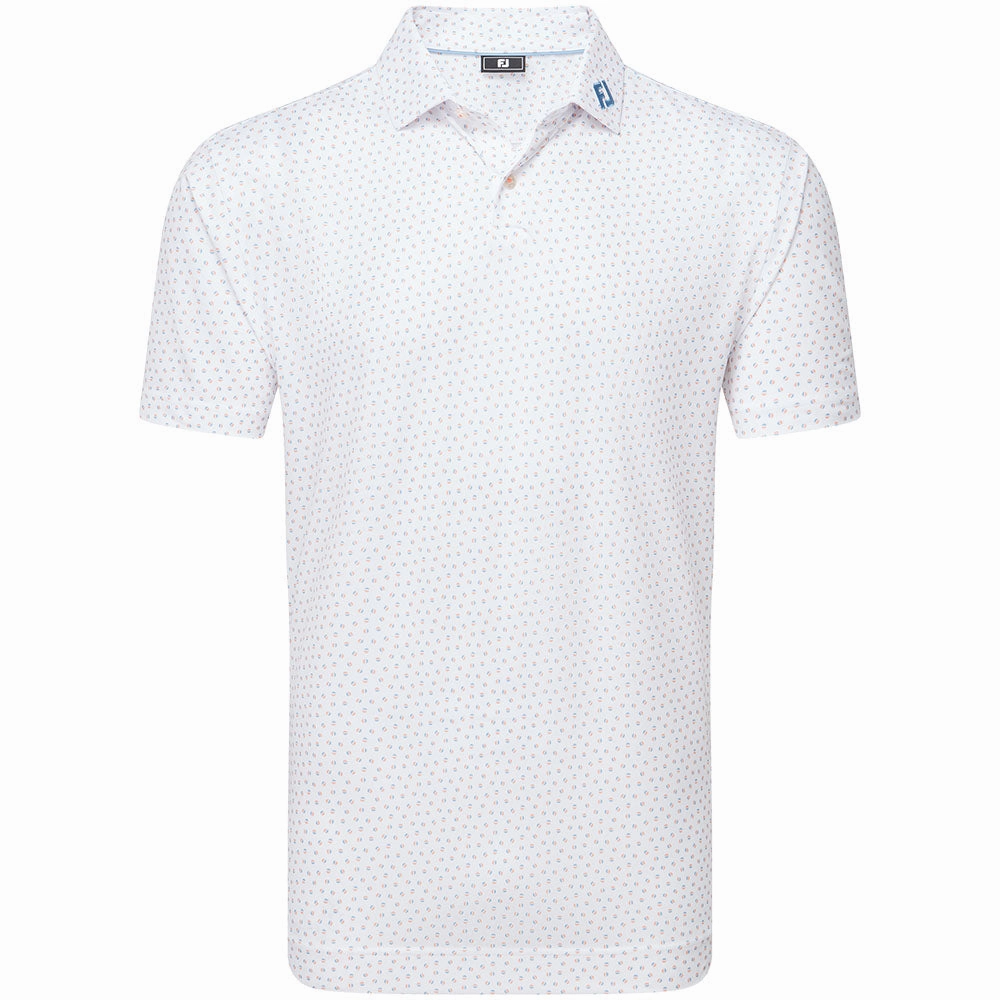 Snag Resistant Surface Chic FootJoy Bounce Print Pique Polo Shirt - White/Orange/Blue Jay