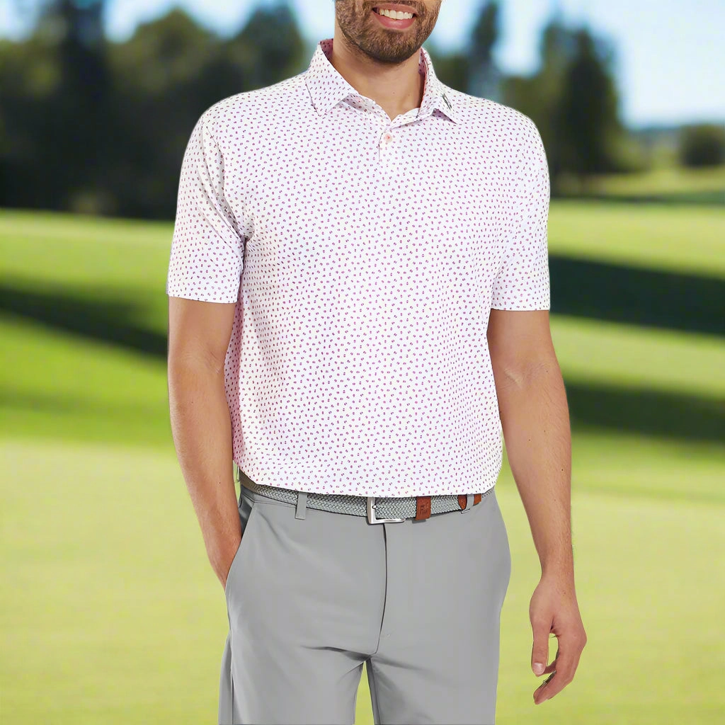 FootJoy Bounce Print Pique Polo Shirt - White/Hibiscus/Flint Travel Light Lightweight Material
