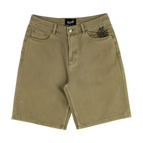 Warehouse Work Laser Cut Perforations Welcome Chasm Baggy Denim Shorts - Cedar