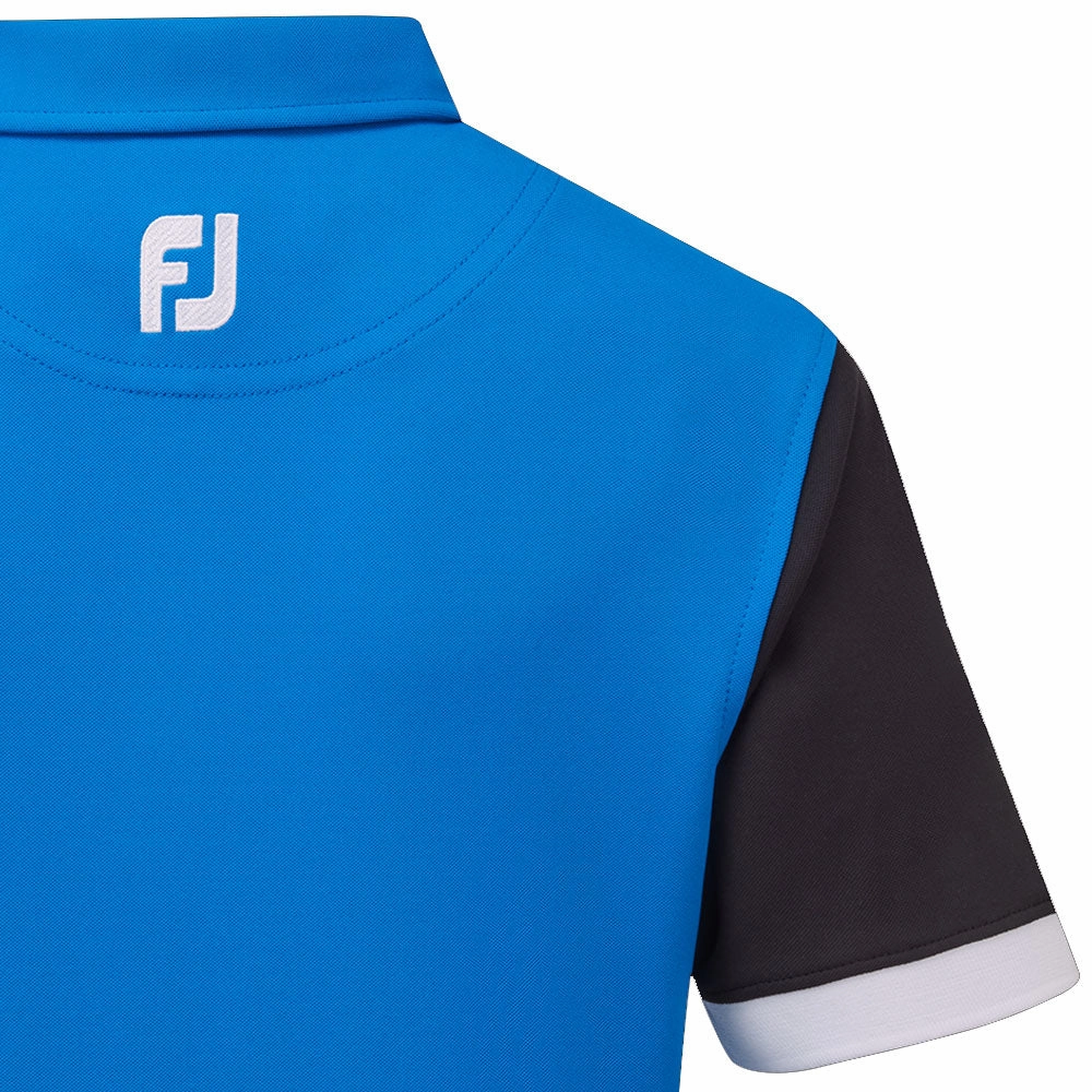 FootJoy Junior Colour Block Polo Shirt - Cobalt/Black Stretchable Collar Band Non Irritating Tags