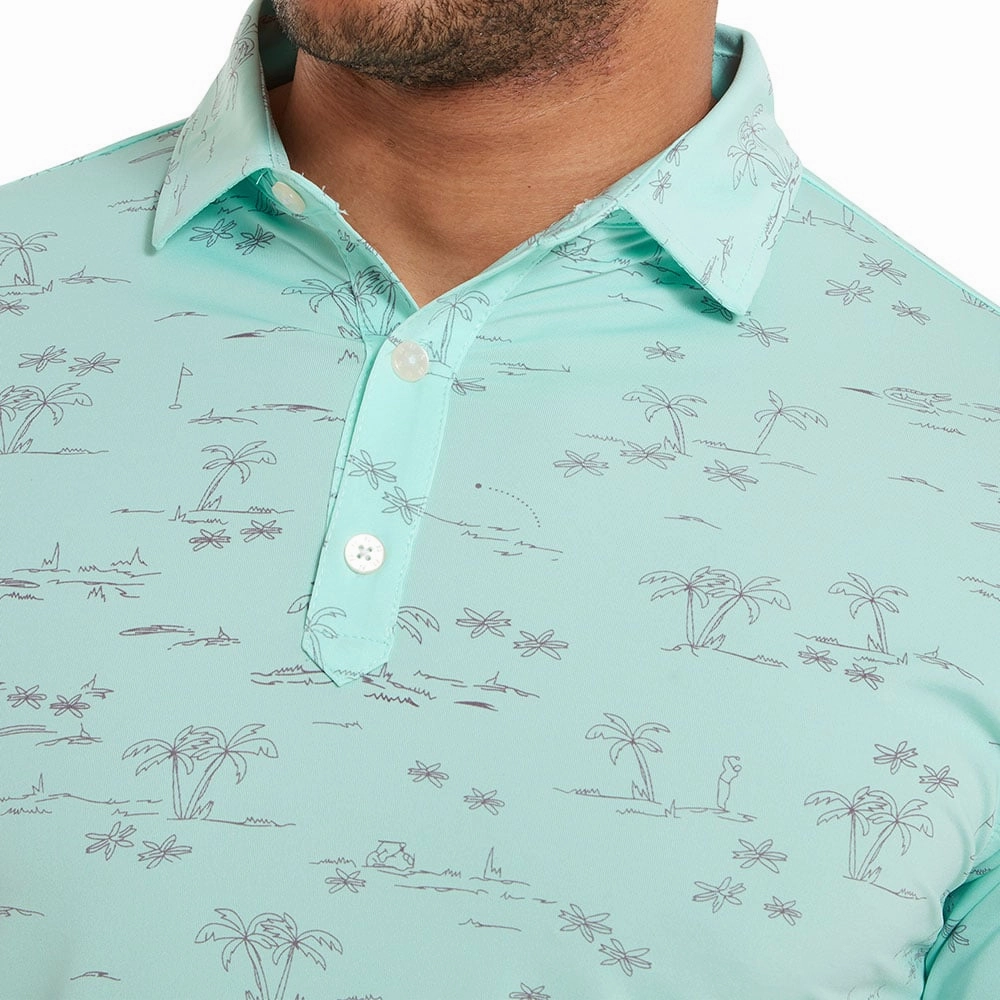 Casual Essentials Relaxed Wear FootJoy Tropic Print Polo Shirt - Aqua Surf/Lava