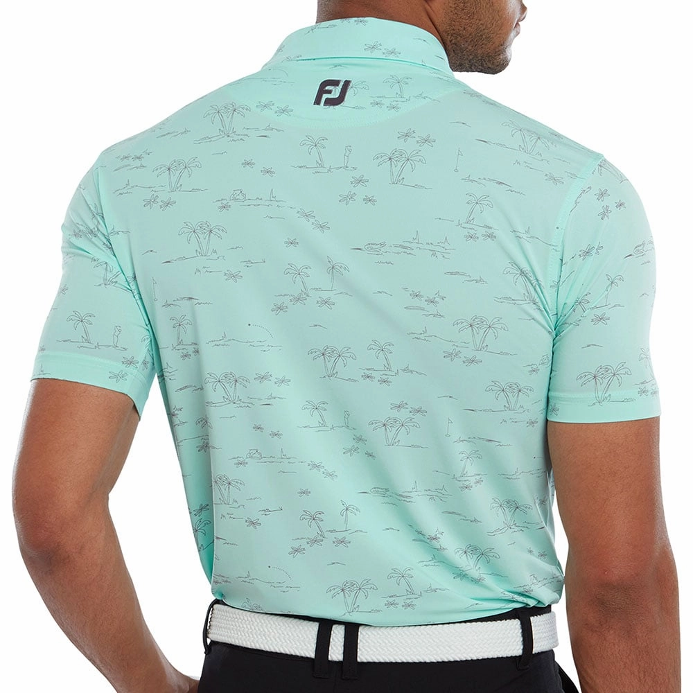 FootJoy Tropic Print Polo Shirt - Aqua Surf/Lava loose fitting birthday party