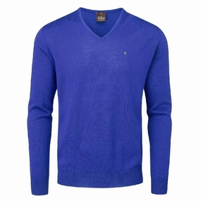 Oscar Jacobson Weston Pin V-Neck Merino Sweater - Royal Blue Sporty Comfort Warm Layers