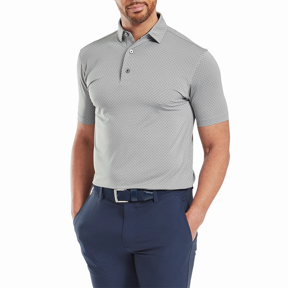 FootJoy Stretch Lisle Dot Print Polo Shirt - Grey/Navy Soft and Stylish