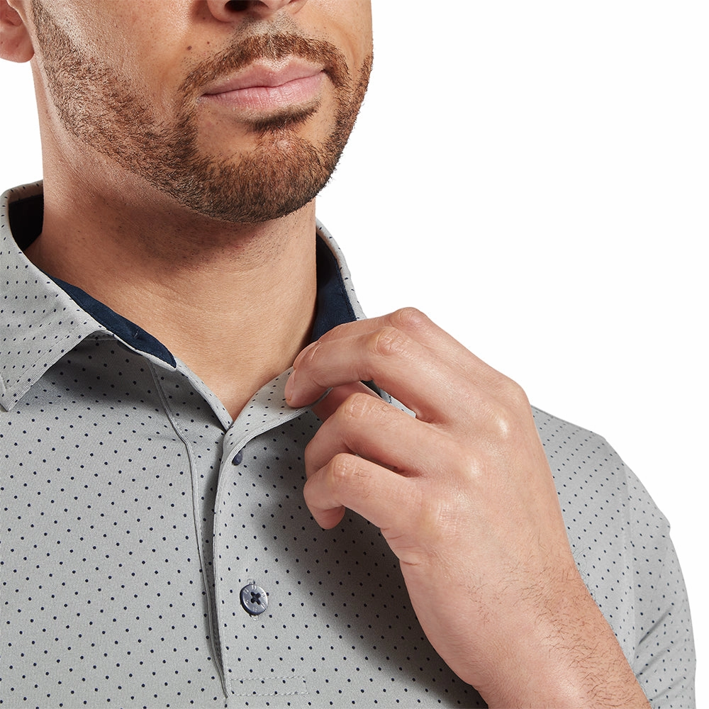 FootJoy Stretch Lisle Dot Print Polo Shirt - Grey/Navy AllDay Comfort Breathable Design
