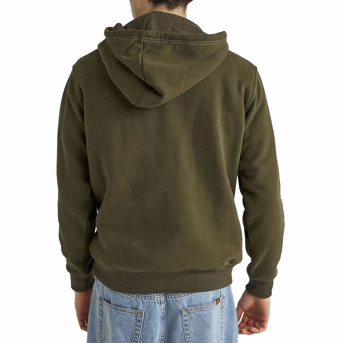 Yoke Back Design Rhythm Panel Fleece Hoodie - Military Olive