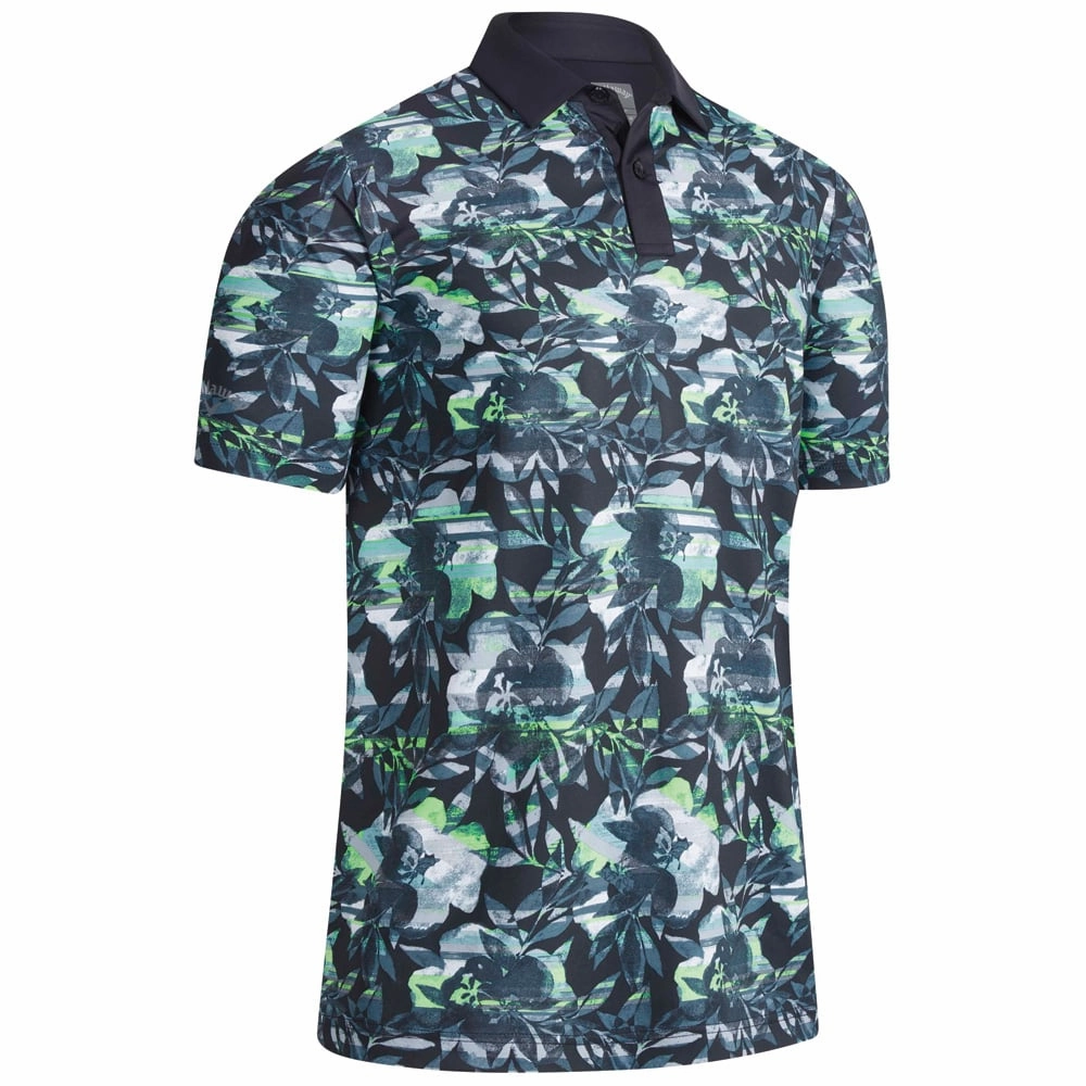 Adjustable Hem Callaway Floral Printed Polo Shirt - Caviar