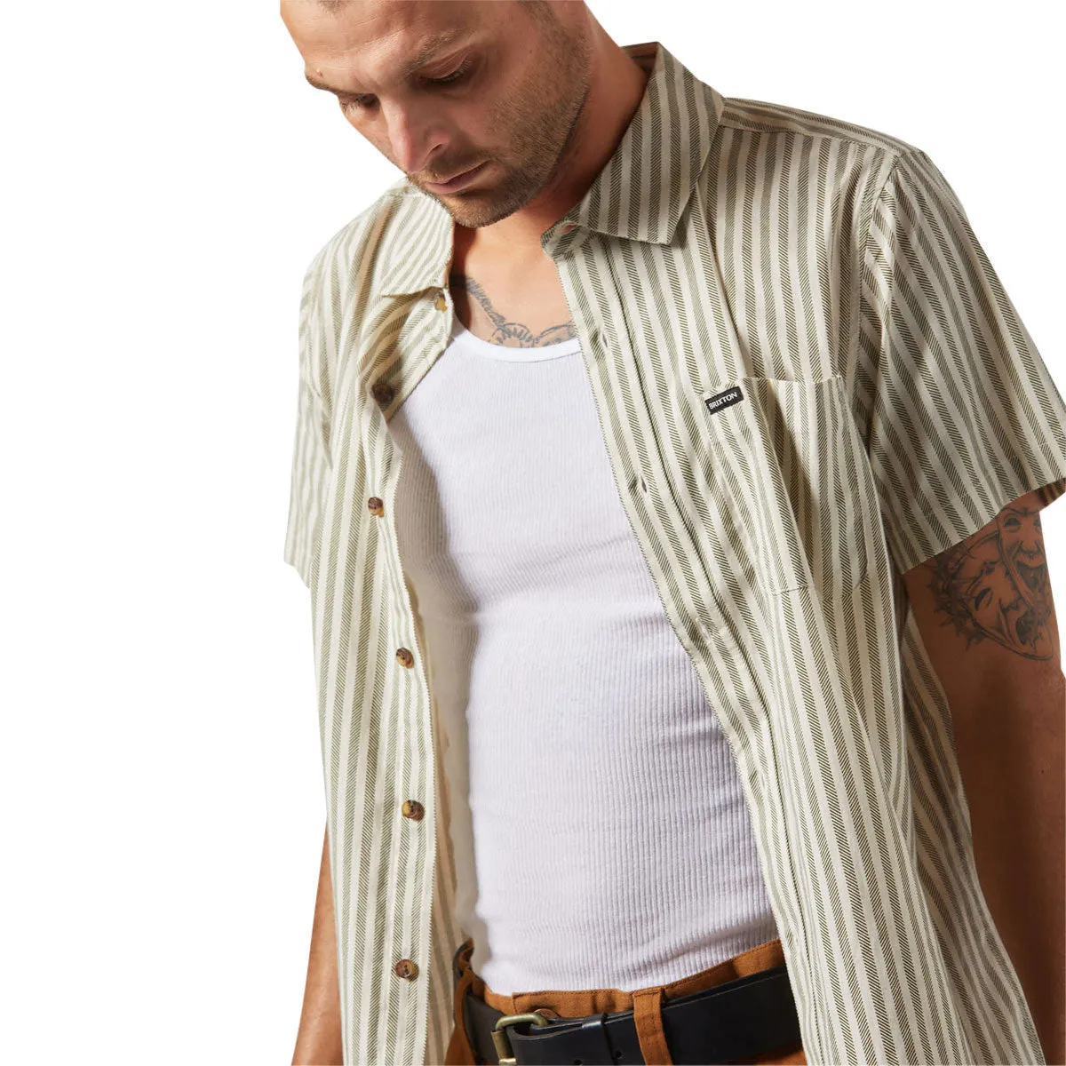Low Maintenance Brixton Charter Print Shirt - Whitecap/Ivy Green Stripe